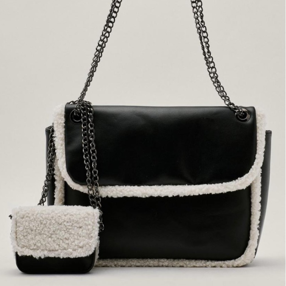 Faux Shearling Trim Two in One Crossbody Bag